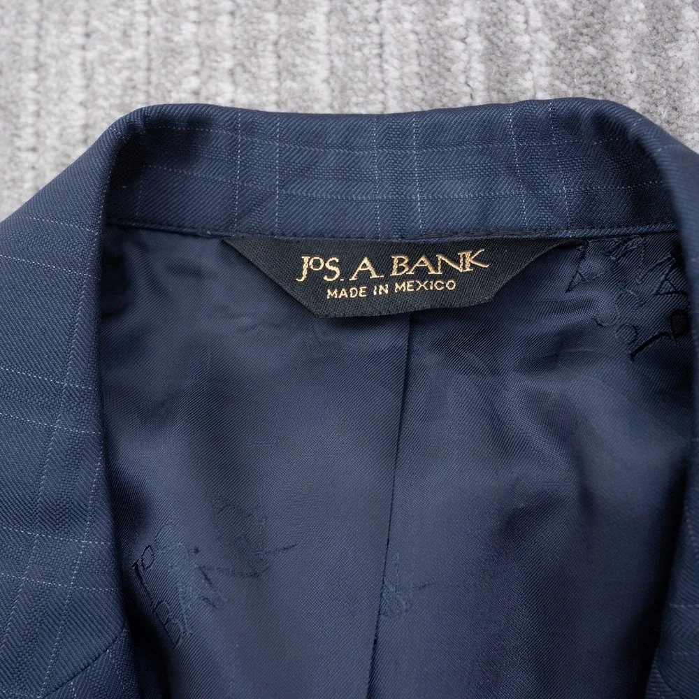 Jos A Bank Mens Navy Blue Windowpane 100% Wool 2 Button Blazer Sport Coat 40 LG